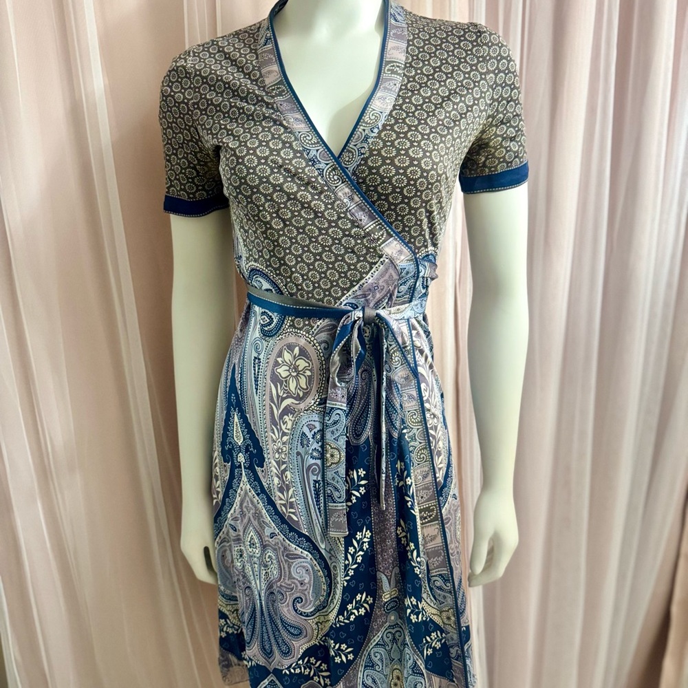 Ellie Tahari Paisley Wrap Dress with Blue Accents